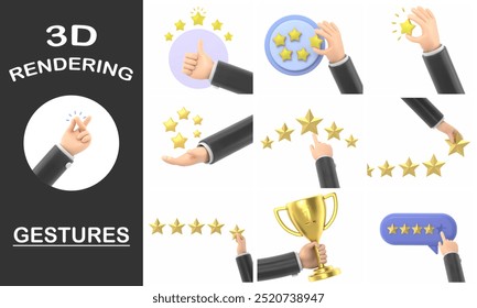3d rendering gestures Collection,Cartoon Gesture Icon Mockup.Star rating. Businessman holding a gold star in hand,to give five. Feedback concept. Evaluation system. Positive review. Quality work.
