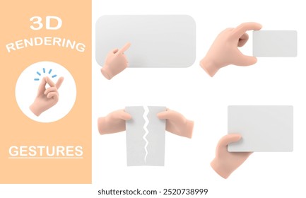 3d rendering gestures Collection,Cartoon Gesture Icon Mockup.3d hand holding card or tablet gesture, 3D rendering on white background.
