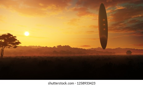 3D rendering of an giant alien space craft hovering above the ground in countryside environment during a peaceful sunset 