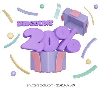 3d rendering of gift box open to show 20 percent discount isolated on white for commercial design. 3d render illustration cartoon style.