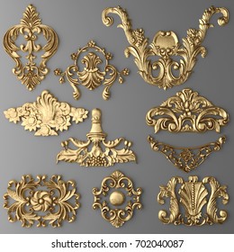 3D Rendering Of Gilded Stucco, Collection Cartouche