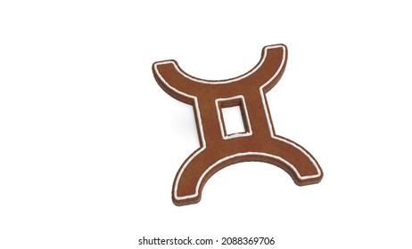 3d rendering of gingerbread cookie in shape of symbol of Gemini zodiac horoscope isolated on white background with white icing