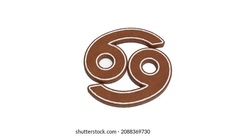 3d rendering of gingerbread cookie in shape of symbol of cancer zodiac horoscope isolated on white background with white icing
