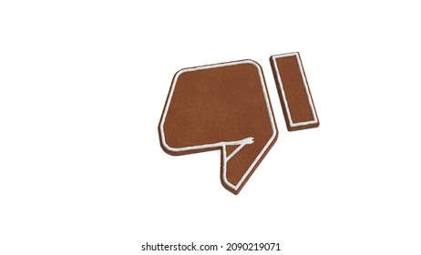 3d rendering of gingerbread cookie in shape of symbol of thumbs down isolated on white background with white icing