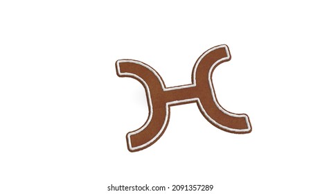3d rendering of gingerbread cookie in shape of symbol of Pisces zodiac horoscope isolated on white background with white icing