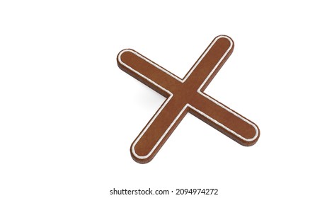 3d rendering of gingerbread cookie in shape of symbol of cancel cross isolated on white background with white icing