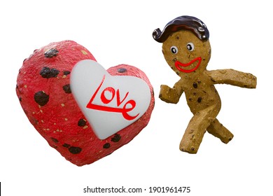 3d Rendering Of The Gingerbread Cookies Man Running Chasing The Heart-shaped Cookie With Text Love, Isolated On White Background.