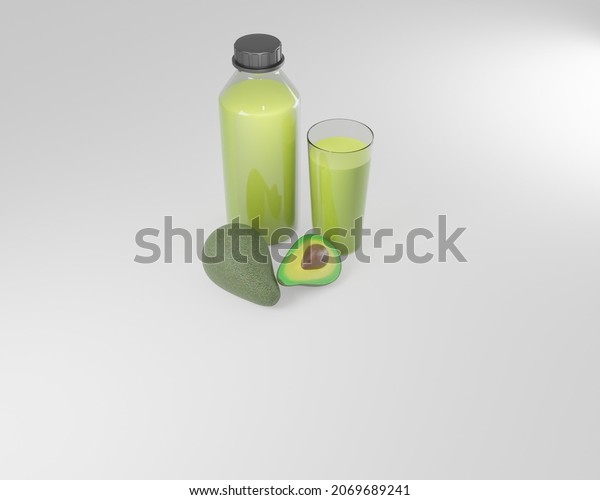3d rendering a glass and a bottle of avocado juice\
isolated white back\
ground