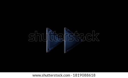 3d rendering glass symbol of double fast forward right triangle arrows isolated on black background with light blue and orange reflection