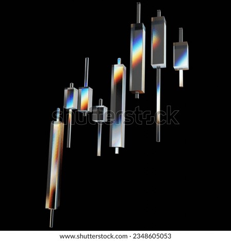 3d rendering glassy Candlesticks isolated on black background. Stock Market Investing Graph. Glassmorphism Candlesticks. 3D illustration.