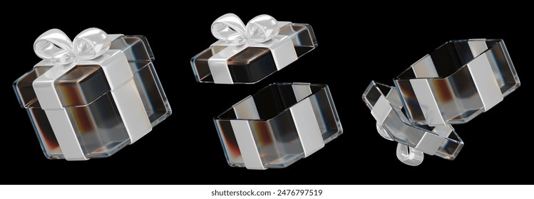3D rendering Glassy Gift Box open and closed with Silver Ribbon Gift Bow isolated on a black background. Concept of promotion, sales and gifts. Glassmorphism Gift box.