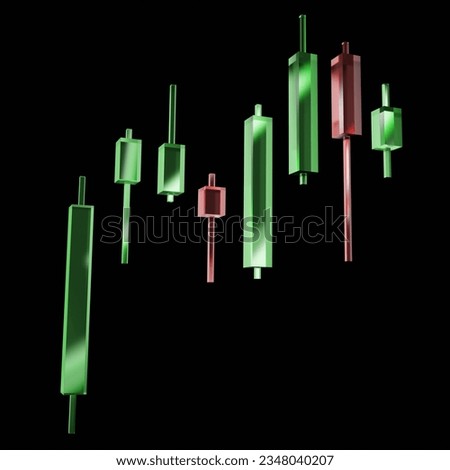 3d rendering glassy Green and Red Candlesticks isolated on black background. Stock Market Investing Graph. Glassmorphism Candlesticks. 3D illustration.
