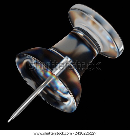 3d rendering glassy pushpin isolated on black background. Glassmorphism pushpin.