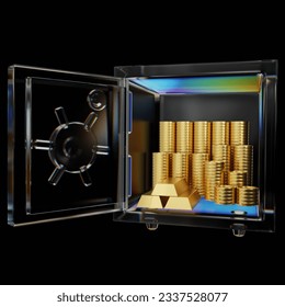 3d rendering glassy safe box with gold bars and coins isolated on black background. Glassmorphism safe box. Cryptocurrency protection concept.