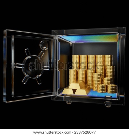 3d rendering glassy safe box with gold bars and coins isolated on black background. Glassmorphism safe box. Cryptocurrency protection concept.