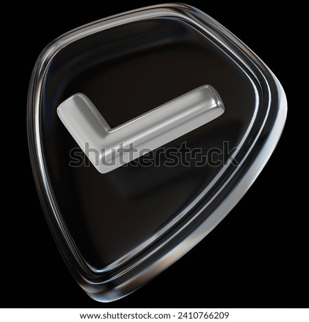 3d rendering glassy Shields and check marks icons isolated on black background. Protection, safety, security, reliability concepts.