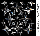 3d rendering glassy Sparkle star in various projections set isolated on black background. Set of all rotation views. Elements for design. Glassmorphism sparkle star icon. 3D illustration.