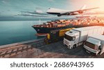 3D rendering of global logistics showing cargo ship, freight train, truck, and airplane working together in port under sunlight, symbolizing worldwide transport network.