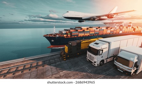 3D rendering of global logistics showing cargo ship, freight train, truck, and airplane working together in port under sunlight, symbolizing worldwide transport network.