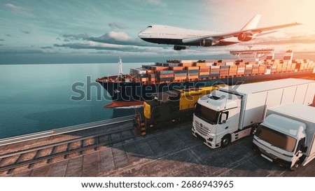 3D rendering of global logistics showing cargo ship, freight train, truck, and airplane working together in port under sunlight, symbolizing worldwide transport network.