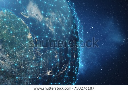 3D Rendering Global Network Background. Connection Lines with Dots Around Earth Globe. Global International Connectivity. Earth from Space With Stars and Nebula. Elements of this image furnished by