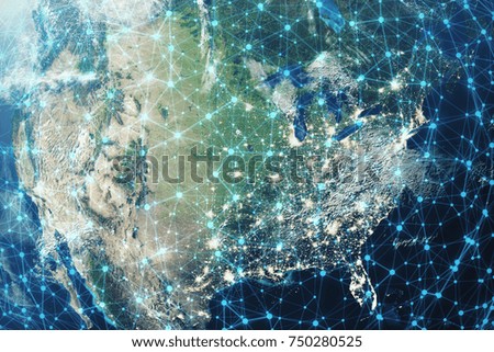 3D Rendering Global Network and Data Exchange. Connection lines Around Earth Globe. Global International Connectivity. Elements of this image furnished by NASA.