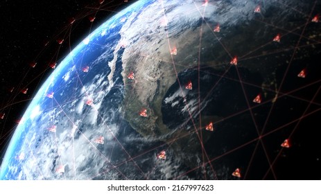 3d Rendering. Global Positioning System GPS Of Navigation Satellites Or Satnav Transmit Data Coverage Around Planet Earth