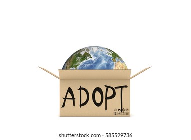 3d rendering of globe in the cardboard open box with an inscription saying adopt on white background. Elements of this image are furnished by NASA.