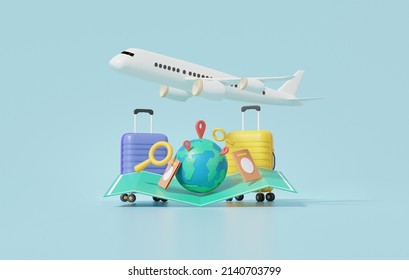 3D rendering globe pin map and suitcase with flight plane travel tourism plane trip planning world tour luggage, leisure touring holiday summer concept. minimal cartoon illustration