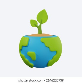 3D Rendering Of Globe With Seedlings Isolated White. Earth Day Save World Environment Icon Concept 