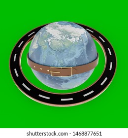 A 3D rendering of a globe surrounded by a road and a belt depicts China's' Belt and Road Initiative (BRI)