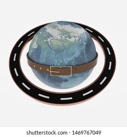 A 3D Rendering Of A Globe Surrounded By A Road And A Belt Depicts China's' Belt And Road Initiative (BRI). Isolated On A White Background.