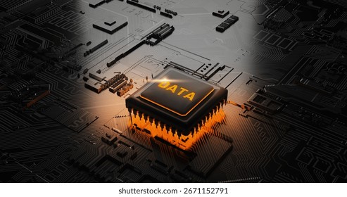 3d rendering Glowing Big data on Ai artificial intelligence technology Chipset CPU on circuit board. electronic and technology Concept.
