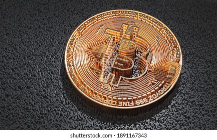 3D Rendering Of Glowing Bit Coin Created From Abstract Metal Block Shapes. Concept Of Crypto Currency, Digital Money, Virtual Wallet, Privacy Payment, Next Generation Tech