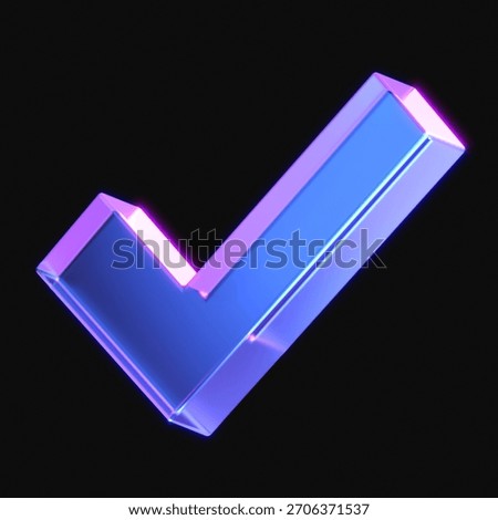 3d rendering of glowing check mark in the dark. 3d icon with neon retro light. 3d illustration with glass gradient material	