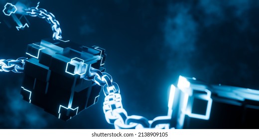 3d Rendering Glowing Cube With Chain On Dark Background. Concept Blockchain Technology Illustration.