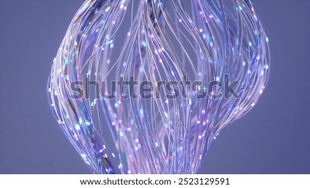 3d rendering of glowing fiber optic cables forming an organic, abstract shape, with a focus on the intricate details and vibrant colors of the light