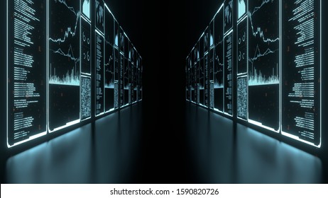 3D Rendering of glowing led blue color of business information data on high tech glass panel. Concept for financial advisory using artificial intelligence technology. - Powered by Shutterstock