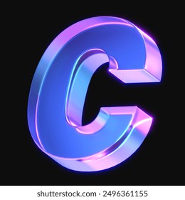 3d rendering of glowing letter c in the dark with neon retro light. 3d illustration with gradient glass material	