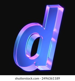 3d rendering of glowing letter d in the dark with neon retro light. 3d illustration with gradient glass material	