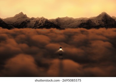 3D Rendering of a Glowing Lighthouse Rising Above the Clouds at Sunset