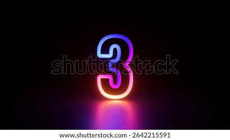3d rendering. A glowing neon number three in vibrant colors of pink, blue, and orange, set against a dark background with blurry floor reflection