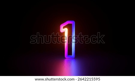 3d rendering. A glowing neon number one in vibrant colors of pink, blue, and orange, set against a dark background with blurry floor reflection