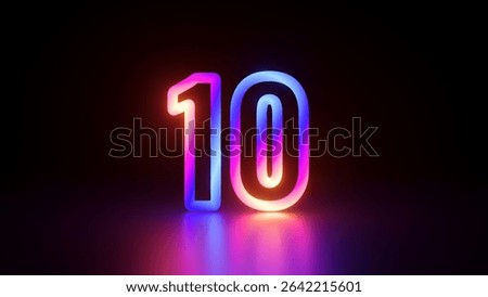 3d rendering. A glowing neon number ten in vibrant colors of pink, blue, and orange, set against a dark background with blurry floor reflection