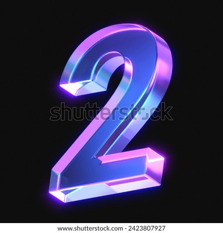 3d rendering of glowing number 2 in the dark. number two sign with neon retro light. 3d illustration with glass gradient material
