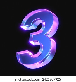 3d rendering of glowing number 3 in the dark. number three sign with neon retro light. 3d illustration with glass gradient material