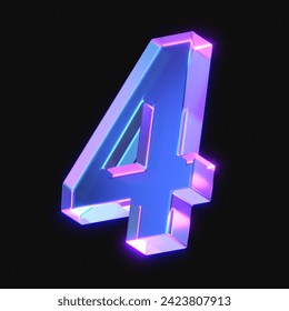 3d rendering of glowing number 4 in the dark. number four sign with neon retro light. 3d illustration with glass gradient material