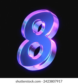 3d rendering of glowing number 8 in the dark. number eight sign with neon retro light. 3d illustration with glass gradient material