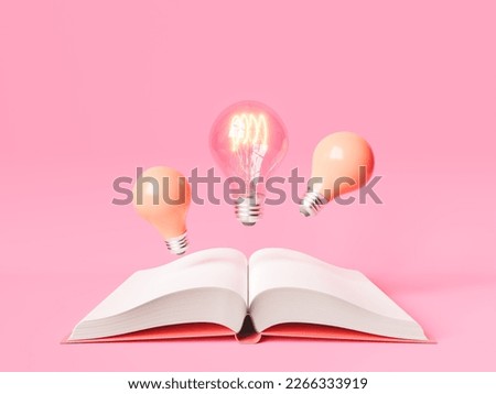 3d rendering of glowing and pink light bulbs levitating above opened book with empty pages for new idea on pink background