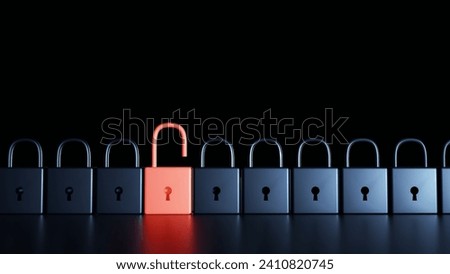 3d rendering of a glowing red padlock stands out against a row of closed black padlocks